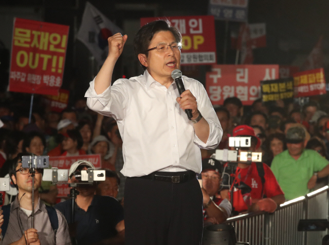 자유한국당 황교안 대표가 지난달 25일 서울 광화문 세종문화회관 앞에서 열린 6번째 ‘문재인 STOP, 국민이 심판합니다’ 장외집회에서 발언하고 있다. /연합뉴스