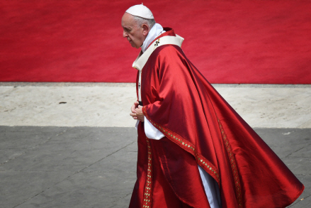 프란치스코 교황이 지난 9일(현지시간) 성령강림대축일 미사를 위해 바티칸 성피터광장에 들어서고 있다.      /바티칸=AFP연합뉴스
