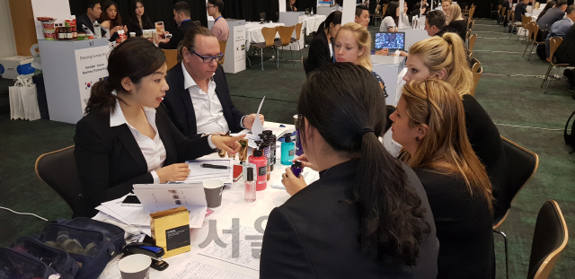 중소기업 관계자들이 스웨덴 스톡홀름에서 열린 1대1 수출상담회에서 현지 바이어와 상담하고 있다. /사진제공=중기중앙회