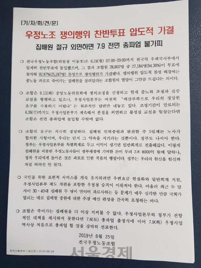 지난 24일 우정노조 조합원이 참여한 쟁의행위 찬반투표에서 92.9%의 찬성으로 파업이 가결됐다./사진제공=전국우정노동조합