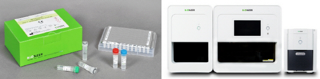 바이오니아가 유럽 체외진단시약·의료기기 인증을 받은 에이즈바이러스 정량분석키트(왼쪽)와 한 번에 48개 시료를 분석할 수 있는 자동화 분자진단시스템 ‘엑시스테이션 48’. /사진제공=바이오니아
