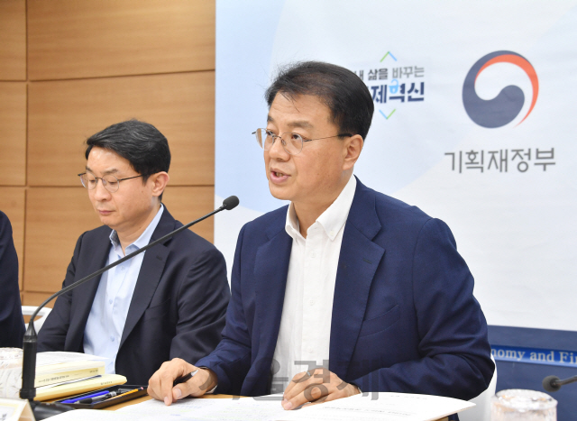 방기선(오른쪽) 기획재정부 차관보가 1일 정부세종청사에서 ‘2019년 하반기 경제정책방향 사전브리핑’을 주재, 모두발언을 하고 있다.  /사진제공=기획재정부