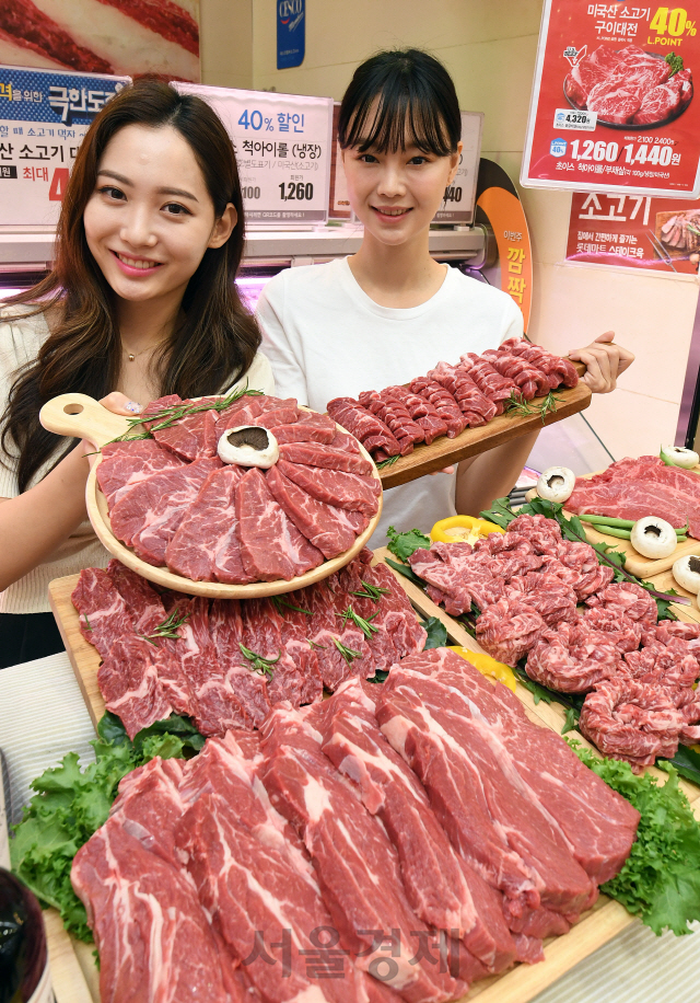 롯데마트 홍보 모델들이 11일 롯데마트 서울역점에서 미국산 소고기 할인 행사를 알리고 있다. 롯데마트는 오는 17일까지 미국산 소고기의 척아이롤과 부채살, 꽃갈비살 등을 최대 40% 할인 판매한다./오승현기자 2019.7.11