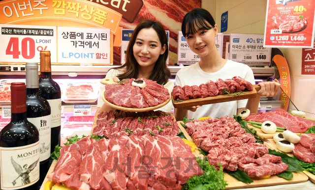 롯데마트 홍보 모델들이 11일 롯데마트 서울역점에서 미국산 소고기 할인 행사를 알리고 있다. 롯데마트는 오는 17일까지 미국산 소고기의 척아이롤과 부채살, 꽃갈비살 등을 최대 40% 할인 판매한다./오승현기자 2019.7.11