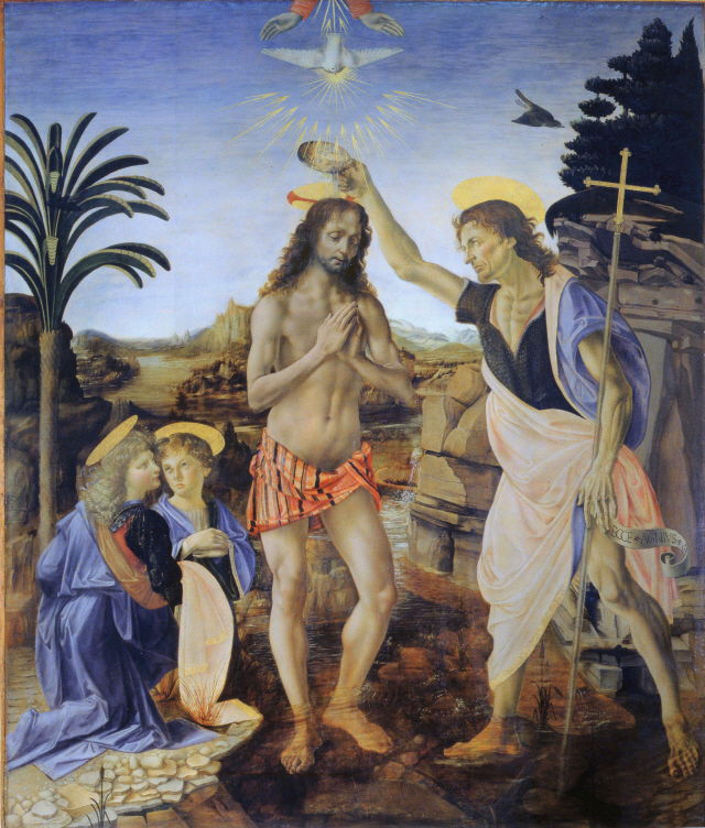 안드레아 델 베로키오, 레오나르도 다빈치, 그리스도의 세계, 1472~1475년, 우피치미술관