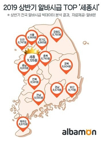 2019 상반기 알바시급 광역자치단체 지도/알바몬