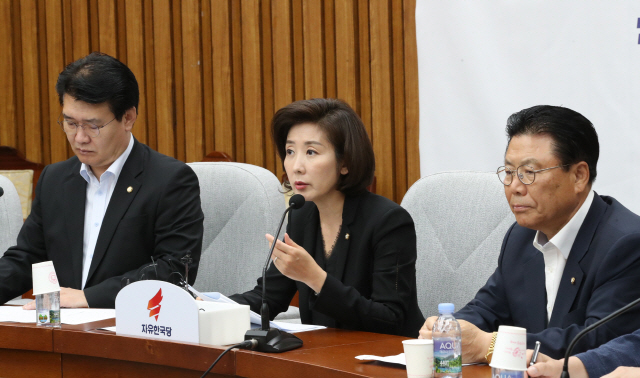 자유한국당 나경원(가운데) 원내대표가 16일 국회에서 열린 원내대책회의에서 발언하고 있다. /연합뉴스