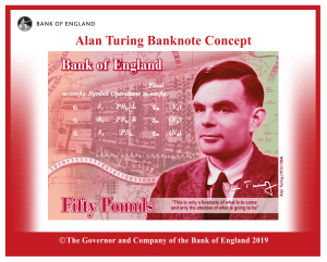 영국의 화폐 50파운드 화폐권에 초상인물로 인쇄된 앨런 튜링의 얼굴.