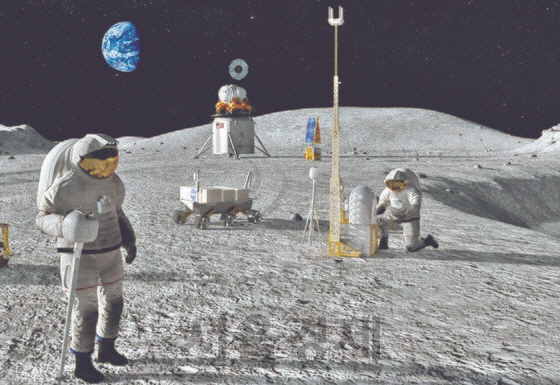 오는 2024년 아르테미스 우주비행사들이 달 표면에서 실험과 탐사를 하는 상상도. /사진=NASA