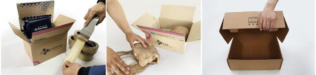 CJ ENM 오쇼핑부문이 홈쇼핑 업계 최초로 포장재에 비닐·부직포·스티로폼 등을 사용하지 않는 ‘착한 포장’의 시현 모습. /사진제공=CJ ENM 오쇼핑부문