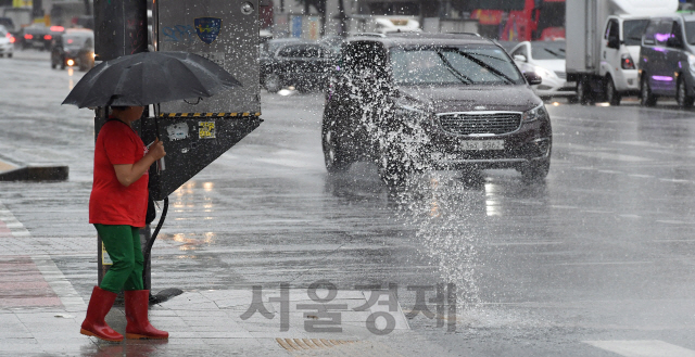 수도권 전지역에 호우경보가 내려지는 등 많은 양의 막바지 장맛비가 내린 26일 오전 서울 광화문광장에서 우산을 쓴 시민들이 발걸음을 재촉하고 있다./오승현기자 2019.7.26