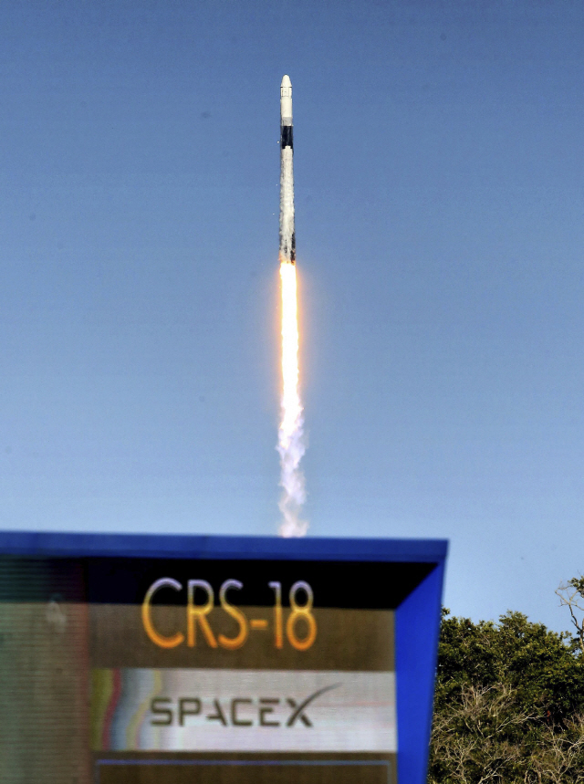 미국 민간 우주탐사업체 스페이스X가 25일(현지시간) 드래곤캡슐을 탑재한 팰컨 9 로켓을 국제우주정거장(ISS)을 향해 쏘아 올렸다./AP=연합뉴스