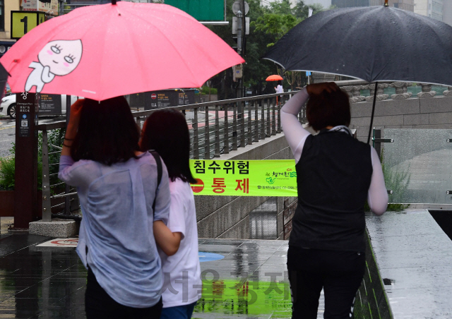 장마전선의 영향으로 전국이 흐리고 곳곳에 비가 내리는 28일 서울 종로구 청계천이 출입 통제돼 있다./권욱기자 2019.07.28