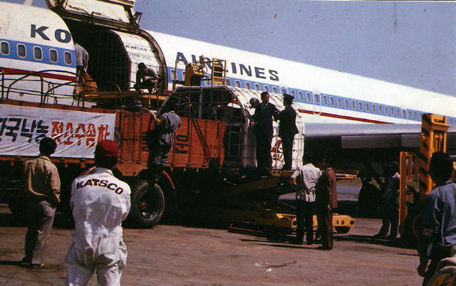 1973년 국내 최초로 매일유업이 항공기를 통해 수입한 젖소를 하역하고 있다. /사진제공=매일유업