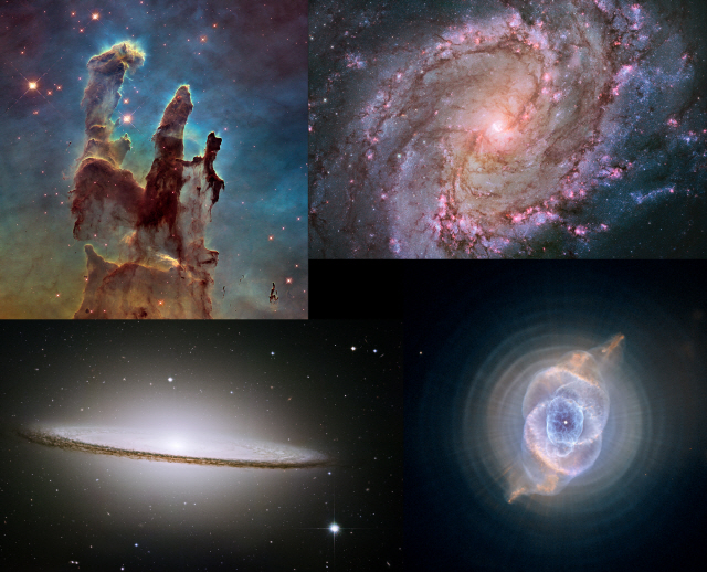 허블 우주망원경이 찍은 사진들. 왼쪽 위부터 시계 방향으로 독수리 성운(M16), 바다뱀자리 막대나선은하(M83), 고양이 눈 성운(NGC6543), 솜브레로 은하(M104).         /NASA·ESA·허블헤리티지팀(STScI/AURA)