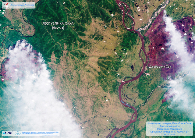 화재가 난 러시아 시베리아·극동지역 타이가 숲을 위성으로 촬영한 사진. 남한 면적의 약 3분의 1에 해당하는 300만 헥타르가 불타고 있는 상황이다. /로이터연합뉴스
