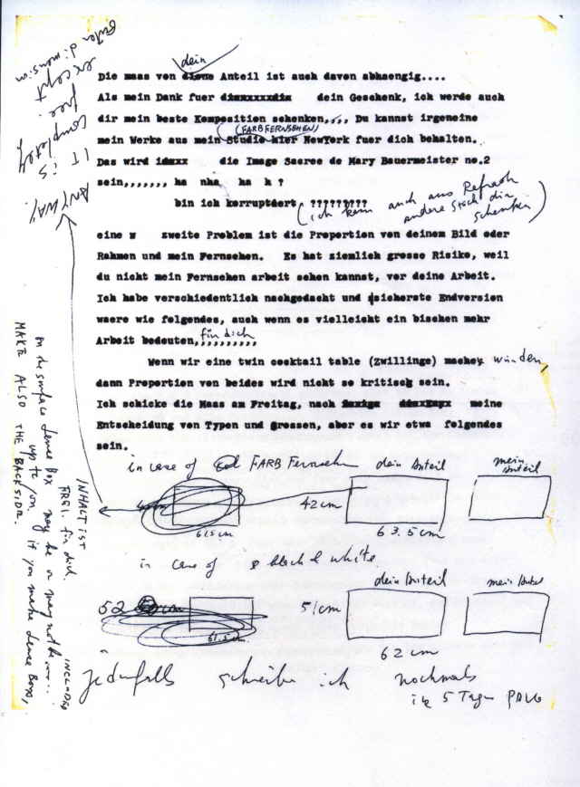 백남준이 1966~67년 무렵 동료인 현대미술가 마리 바우어마이스터에게 보낸 편지. 사적인 인사말과 함께 협업해서 제작하기로 한 새 작품에 관한 내용이 독일어로 적혀 있다. /사진제공=백남준아트센터