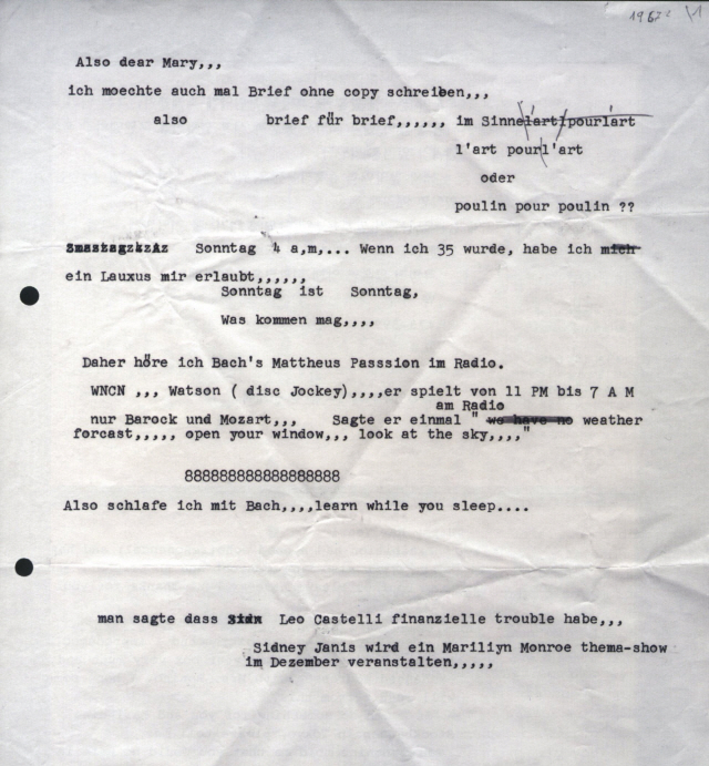 백남준이 1967년 마리 바우어마이스터에게 쓴 편지. 보통은 먹지를 대고 편지를 써 사본을 보내지만 이 편지에는 “사본 없이” 쓴다고 적혀 있다. /사진제공=백남준아트센터