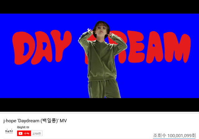 방탄소년단 제이홉, ‘Daydream (백일몽)’ 뮤직비디오 1억뷰 돌파