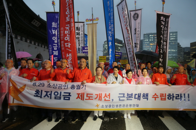 지난해 8월29일 서울 광화문 앞에서 열린 ‘8.29 소상공인 총궐기’에서 소상공인연합회 회원들이 광화문을 지나가고 있다./사진제공=소상공인연합회