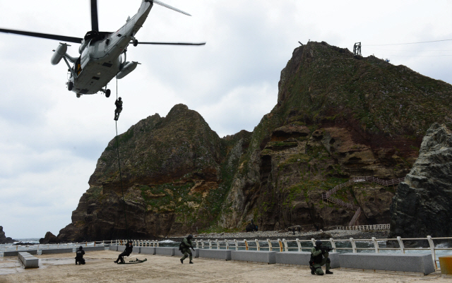 지난 2013년 10월 해군 특전대대(UDT/SEAL) 및 해경 특공대 대원들이 독도방어 훈련을 하고 있다. /연합뉴스