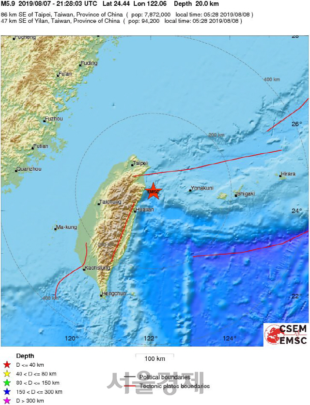 대만 지진 발생 위치. 8일(현지시간) 대만 북동부 도시 이란 인근 해역에서 규모 6.0 지진이 발생했다. /유럽지중해지진센터(EMSC) 홈페이지 캡처
