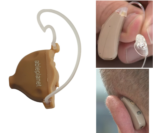 중등도 이하 난청 환자 재활치료에 효과가 있는 것으로 확인된 에이블플래닛의 소리증폭기 ‘Ps2500amp(왼쪽)’와 약간 심한 중등도 난청 환자군에서 비교우위를 보인 보청기(오른쪽).