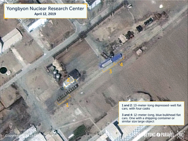 미 CSIS가 지난 4월 12일 북한 영변 핵시설에서 방사성 물질 이동이나 재처리 움직임이 있다고 밝히면서 공개한 위성사진./CSIS 홈페이지 캡처.