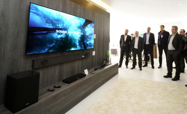 유럽 거래선 관계자들이 2019년형 LG 올레드 TV를 살펴보고 있다. /사진제공=LG전자