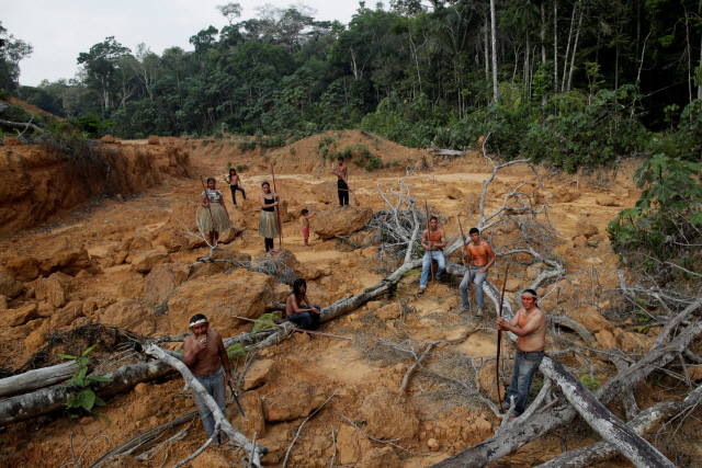 브라질 아마조나스주 후마이타 원주민들이 지난 20일(현지시간) 황폐화된 아마존 밀림 지역에서 벌목 나무에 걸터앉아 있다. /후마이타=로이터연합뉴스