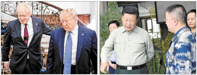 주요7개국(G7) 정상회의에 참석 중인 도널드 트럼프(오른쪽) 미국 대통령이 25일(현지시간) 프랑스 비아리츠에서 보리스 존슨 영국 총리와 양자 회담 장소로 향하고 있다(왼쪽 사진). 중국이 미국에 750억달러어치의 보복관세 부과를 발표하기 하루 전인 22일 시진핑(왼쪽) 중국 국가주석이 간쑤성의 한 공군기지를 시찰하고 있다(오른쪽 사진).  /비아리츠·란저우=로이터·신화연합뉴스