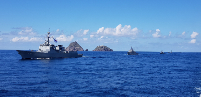 이지스함인 세종대왕함(왼쪽 첫번째) 등 해군 함정 여러 척이 25일 독도 앞 바다에서 진행 중인 ‘동해 영토수호훈련’에 참가하고 있다. 세종대왕함이 독도 훈련에 참가한 것은 올해가 처음이다. /사진제공=해군