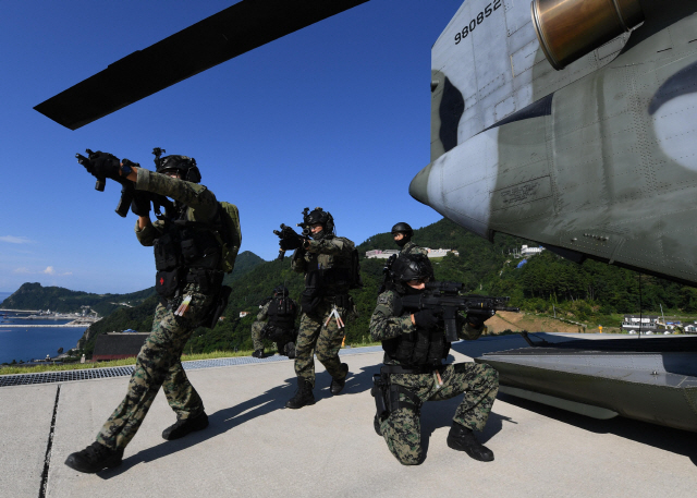 25일 독도를 포함한 동해에서 열린 영토수호훈련에서 육군 특전사 대원들이 시누크(CH-47) 헬기에서 내려 울릉도에 입되고 있다./사진제공=해군