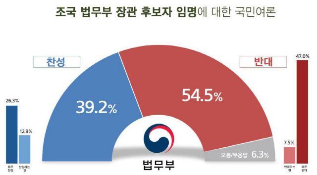 조국 찬성 39% vs 반대 55%...文 핵심지지층 중 찬성 96%