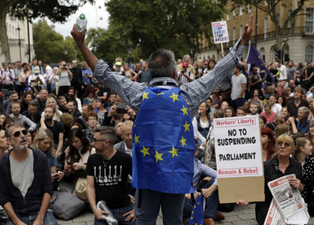 브렉시트(영국의 유럽연합 탈퇴)에 반대하는 영국인들이 28일(현지시간) 런던 다우닝가 10번지 총리관저 앞에서 보리스 존슨 총리의 의회 정회 결정에 항의하며 시위를 벌이고 있다. /런던=AP연합뉴스
