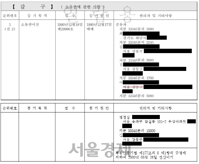 조국 법무부 장관 후보자의 배우자 정경심 교수가 지난 1990년 12월 공동매입한 강원 강릉 임야의 등기부등본.