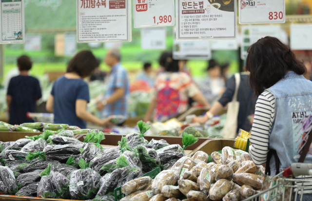 소비자물가 상승률이 전년 동기 대비로 지금껏 가장 낮은 0.0%를 기록했다. 소수점 자릿수를 늘려보면 -0.038%로 첫 마이너스를 찍었다. 지난해와 달리 양호한 기상여건 덕에 농·축·수산물 가격은 하락하고 국제유가도 내린 영향으로 풀이된다. 사진은 3일 오후 서울 시내의 한 마트에서 시민들이 채소를 고르는 모습./2019.9.3 연합뉴스