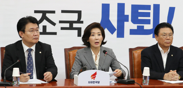 나경원(가운데) 자유한국당 원내대표가 6일 오전 국회에서 열린 원내대책회의에서 발언하고 있다. /연합뉴스