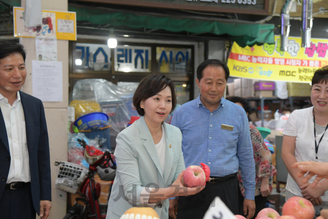 이의경(왼쪽 두번째) 식품의약품안전처장이 6일 충청북도 청주시 상당구에 위치한 육거리종합시장에서 위문품을 구매하는 장보기를 하고 있다. /사진제공=식약처