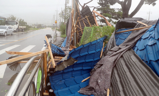 제13호 태풍 ‘링링’이 충남 서해안에 직접적인 영향을 미친 7일 오후 서산시 인지면 모월리 인지초등학교 인정분교 앞 도로 펜스에 강풍을 타고 날아온 주택 지붕 등이 걸려 있다.  /서산=연합뉴스