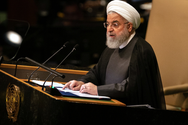 하산 로하니 이란 대통령이 지난해 9월 25일(현지시간) 미국 뉴욕에서 열린 유엔총회에서 연설하고 있다. /뉴욕=블룸버그