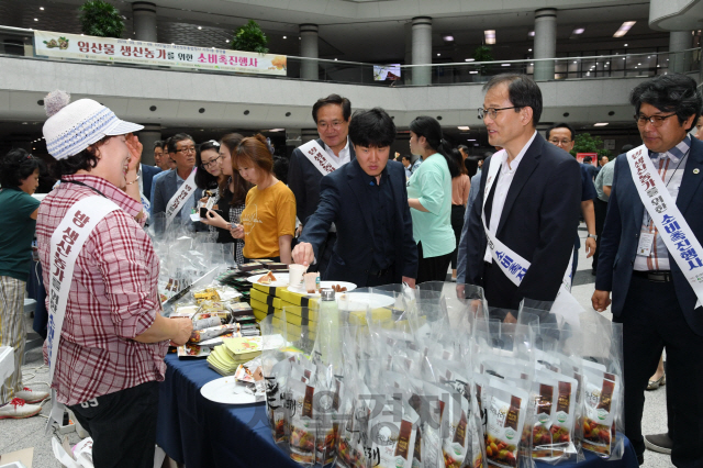 박종호(사진 오른쪽에서 두번째) 산림청 차장이 정부대전청사 임산물소비촉진행사 현장을 찾아 밤 판매 임업인과 대화를 나누고 있다. 사진제공=산림청