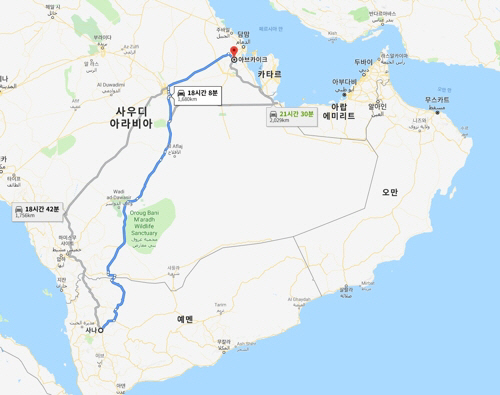 후티 반군의 근거지로 알려진 예멘 사나부터 아브카이크까지를 도로로 표시한 지도.     /연합뉴스