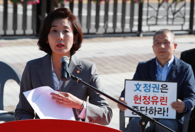 나경원 자유한국당 원내대표가 18일 오전 서울 청와대 분수대 앞에서 열린 최고위원-중진의원 연석회의에서 발언하고 있다./연합뉴스