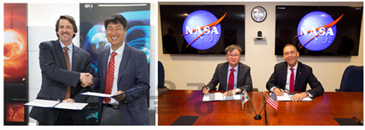 지난 2016년 천문연과 NASA의 공동워킹그룹 합의장면(왼쪽)과 성층권 기구시험 약정서 조인식.