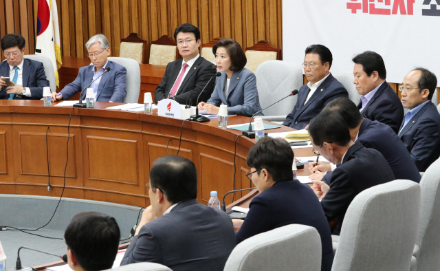 나경원 자유한국당 원내대표가 24일 국회에서 열린 원내대책회의에서 발언하고 있다. /연합뉴스