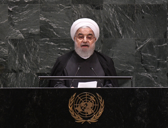 하산 로하니 이란 대통령이 25일(현지시간) 뉴욕 유엔본부에서 열린 제74차 유엔총회 일반토의에서 연설하고 있다. /뉴욕=신화연합뉴스