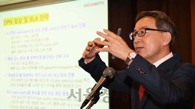 김선영 ㈜헬릭스미스 대표이사가 26일 오전 서울 중구 한국프레스센터에서 기자간담회를 열어 DPN 3-1상 결과 등을 설명하고 있다./오승현기자