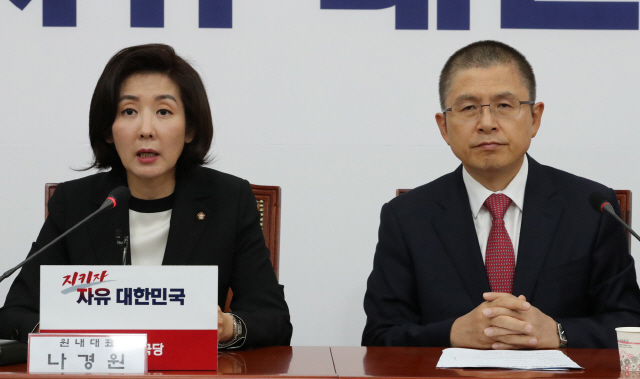 나경원 자유한국당 원내대표가 2일 오전 국회에서 열린 당대표 및 최고위원-중진의원 연석회의에서 발언하고 있다. /연합뉴스