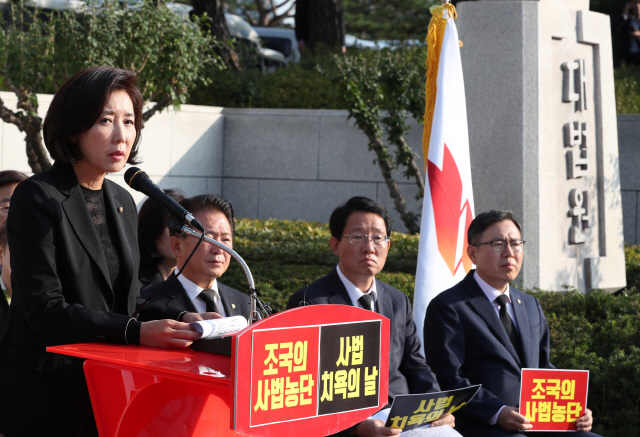 나경원 자유한국당 원내대표가 11일 오전 서울 서초동 대법원 앞에서 원내 지도부가 참석한 가운데 열린 조국 법무부 장관 동생 구속영장 기각 항의 규탄회의에서 발언하고 있다./연합뉴스